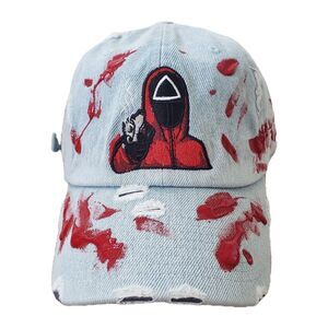 NWT The Vintage Squid Game Blood Splatter Distressed Denim Strapback Hat Cap